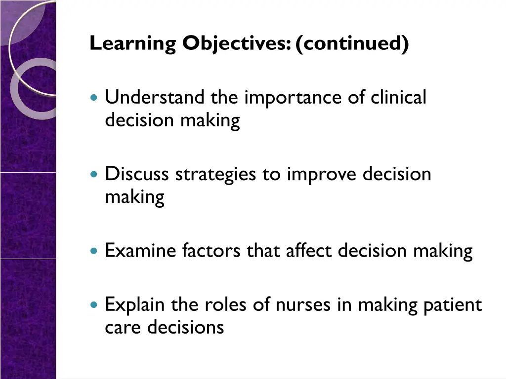 learning objectives continued