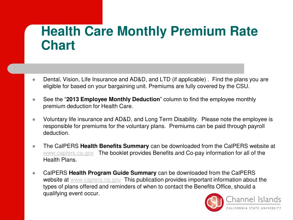 health care monthly premium rate chart