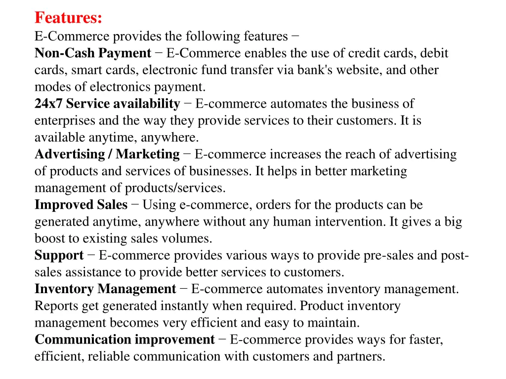features e commerce provides the following