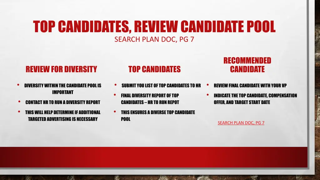 top candidates review candidate pool search plan
