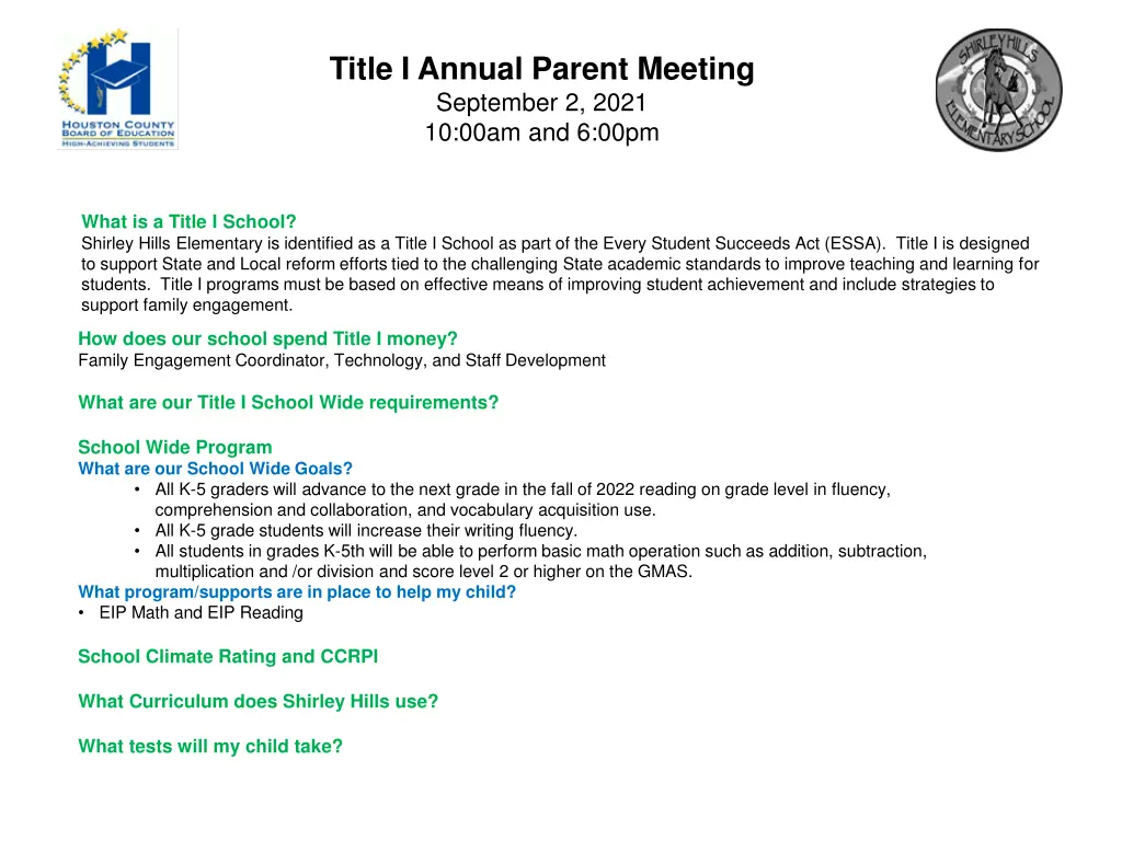 title i annual parent meeting september 2 2021