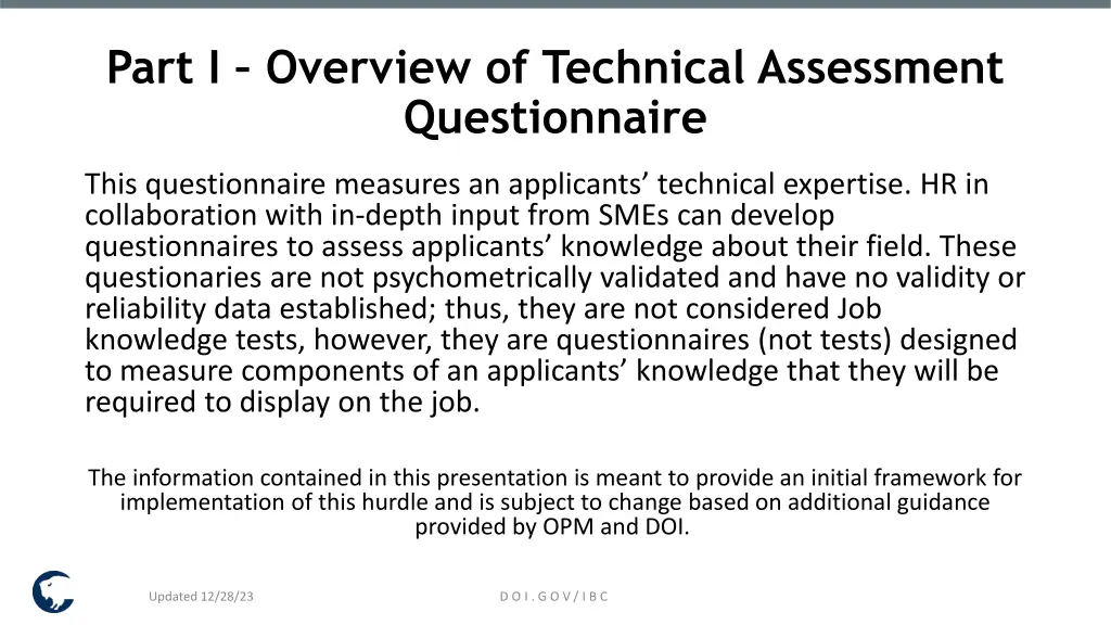 part i overview of technical assessment