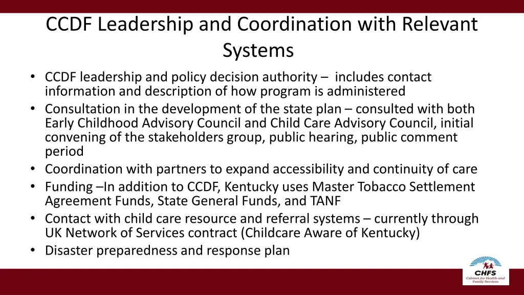 ccdf leadership and coordination with relevant