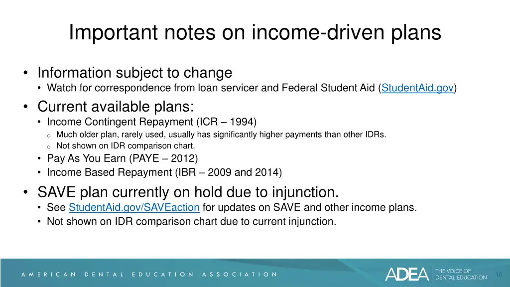 important notes on income driven plans
