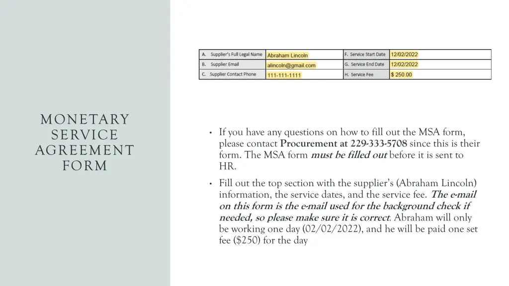 monetary service agreement form