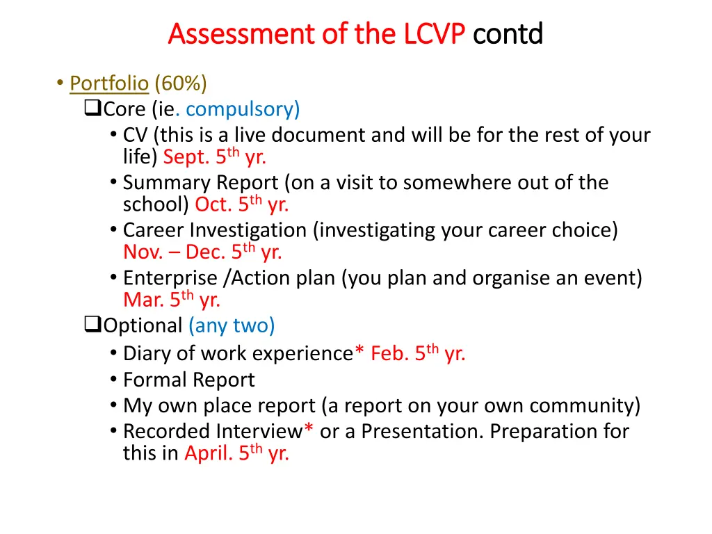 assessment of the assessment of the lcvp
