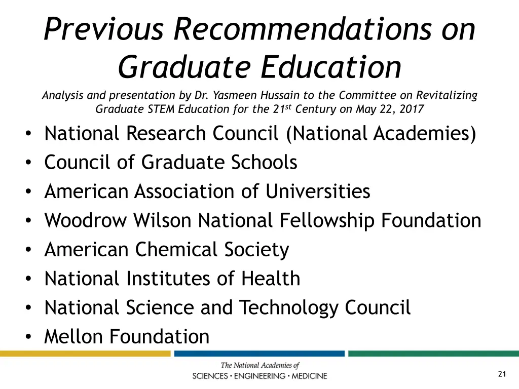 previous recommendations on graduate education