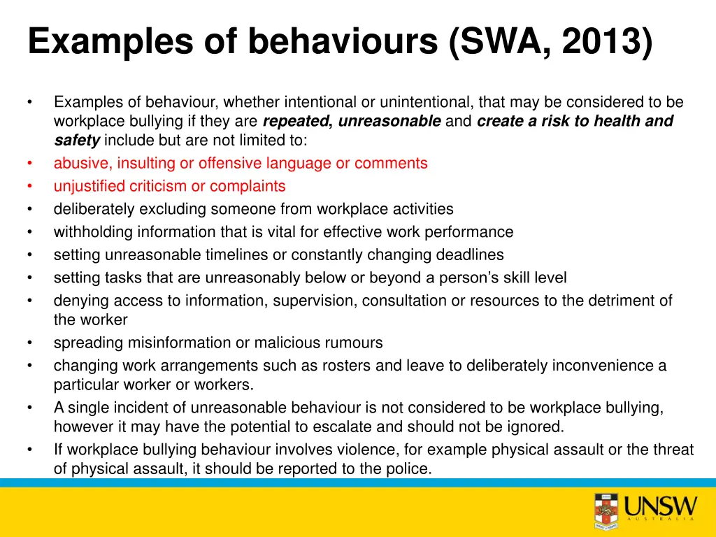 examples of behaviours swa 2013