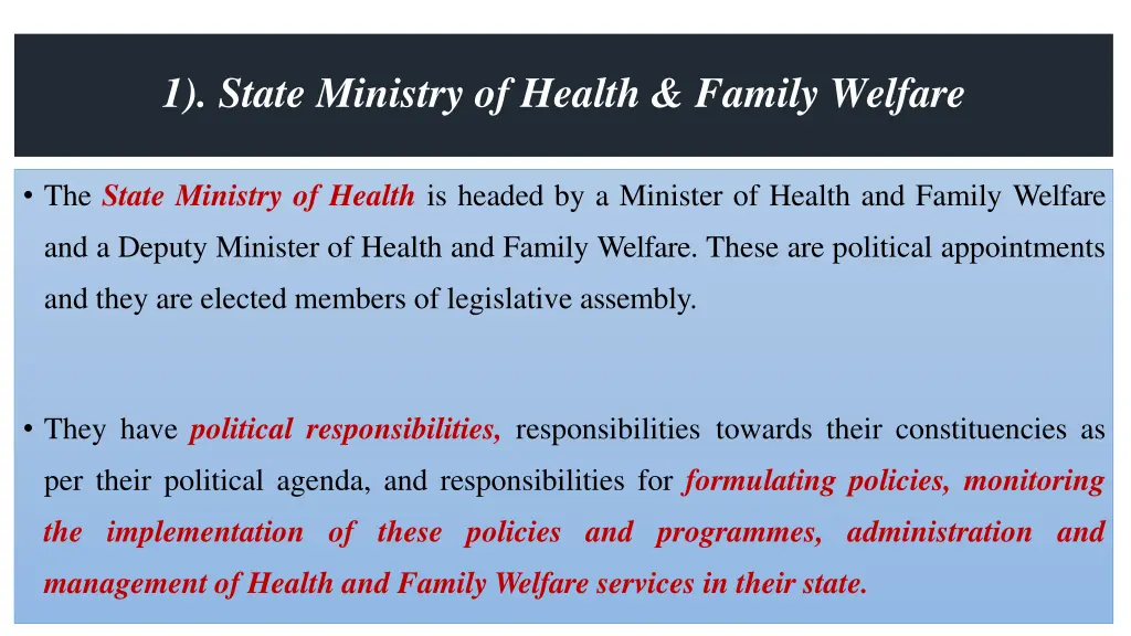 1 state ministry of health family welfare