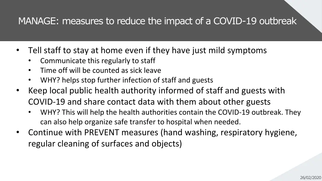 manage measures to reduce the impact of a covid