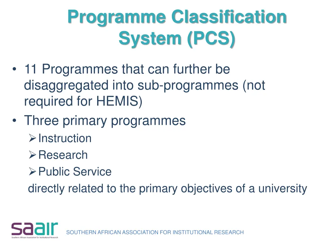 programme classification system pcs 1