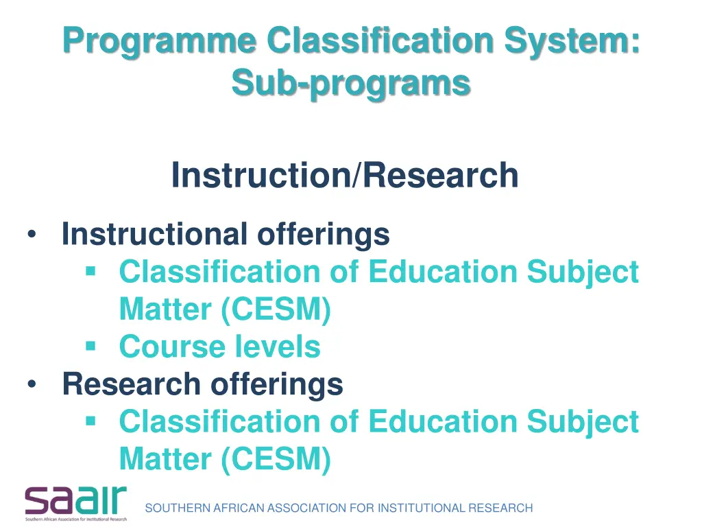 programme classification system sub programs