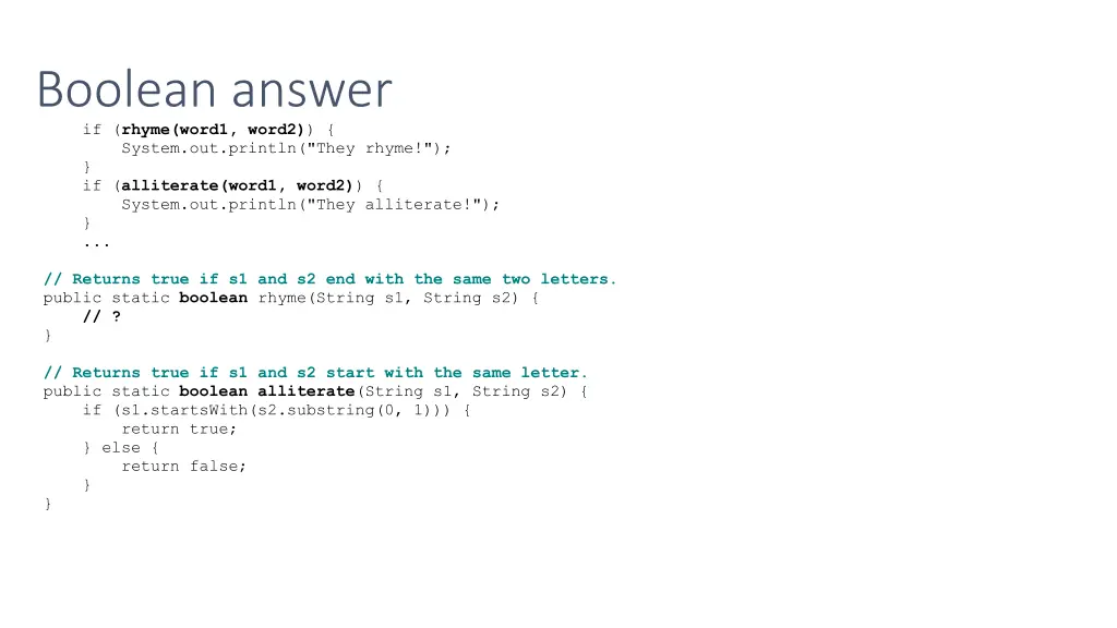 boolean answer if rhyme word1 word2 system