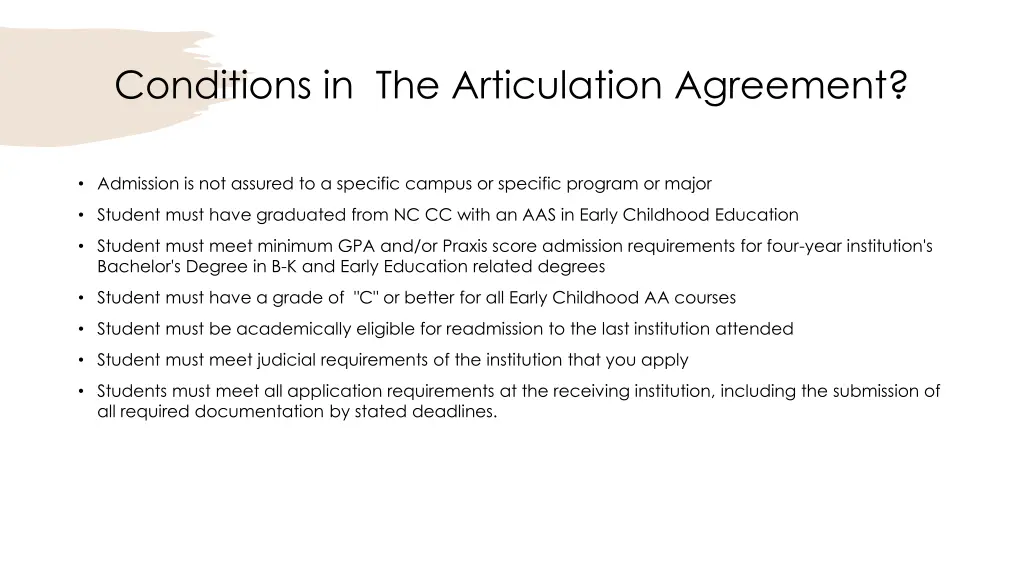 conditions in the articulation agreement