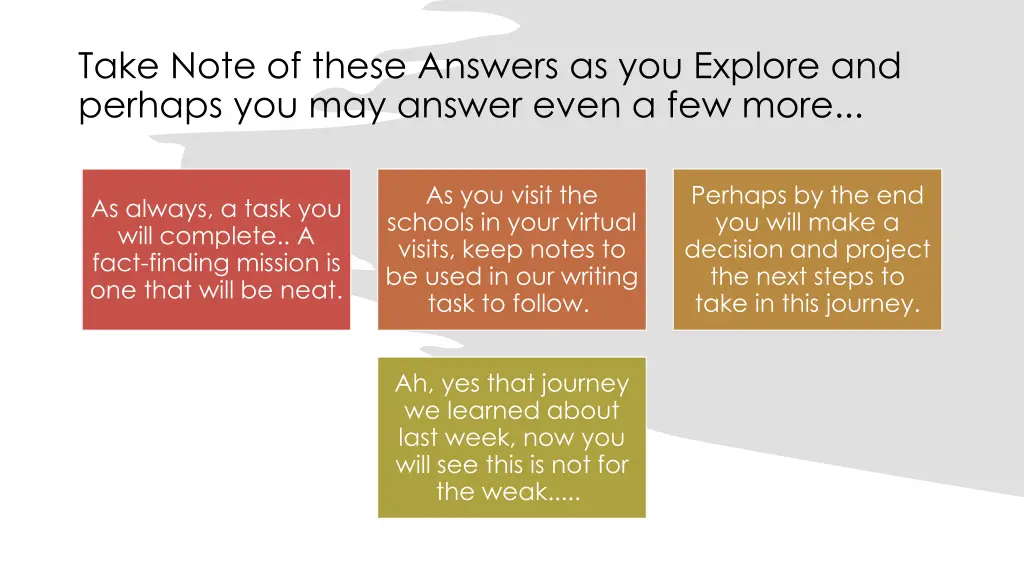take note of these answers as you explore