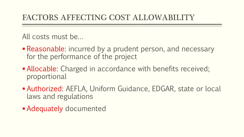 factors affecting cost allowability