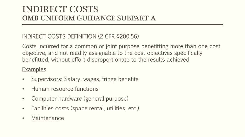 indirect costs omb uniform guidance subpart a