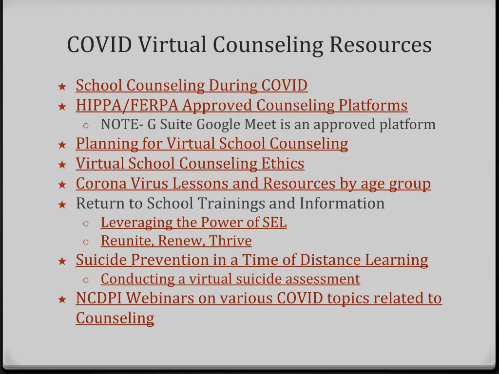 covid virtual counseling resources