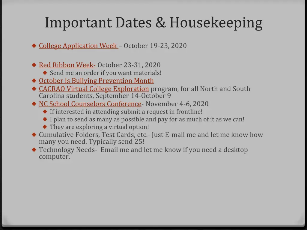 important dates housekeeping