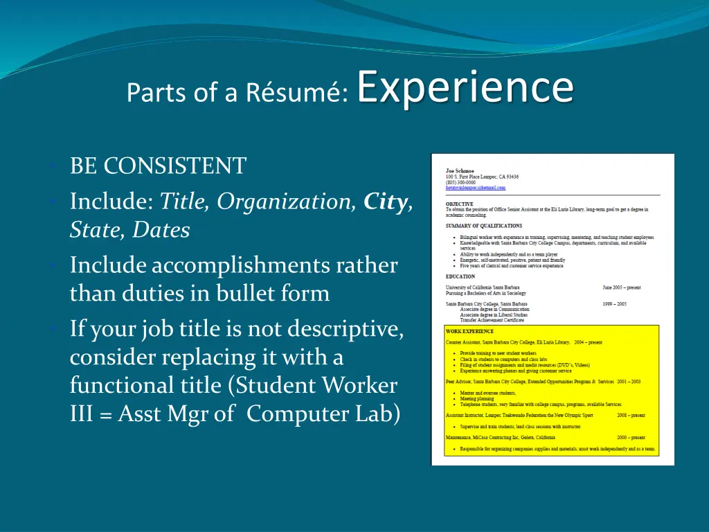 parts of a r sum experience