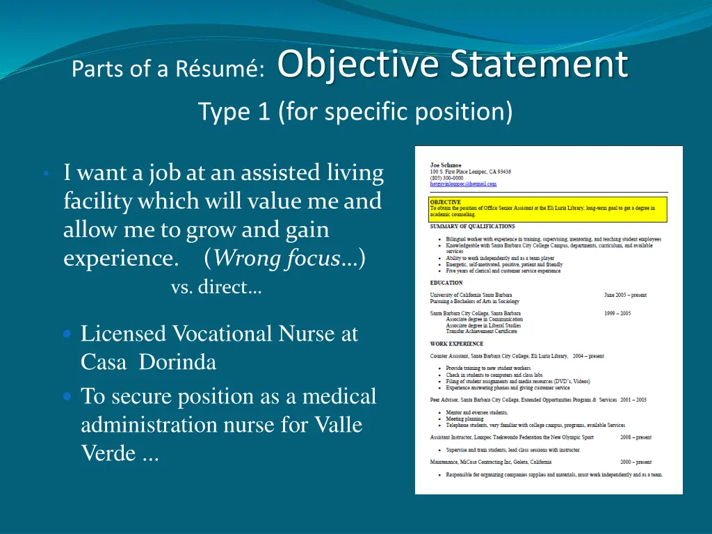 parts of a r sum objective statement type