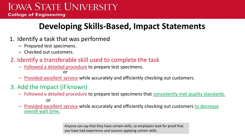 developing skills based impact statements