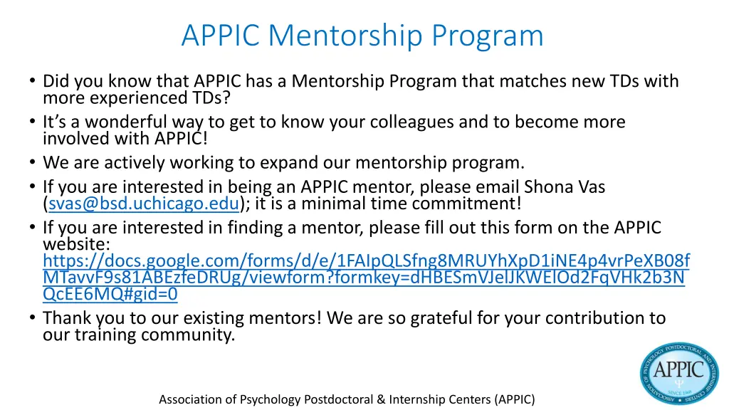 appic mentorship program