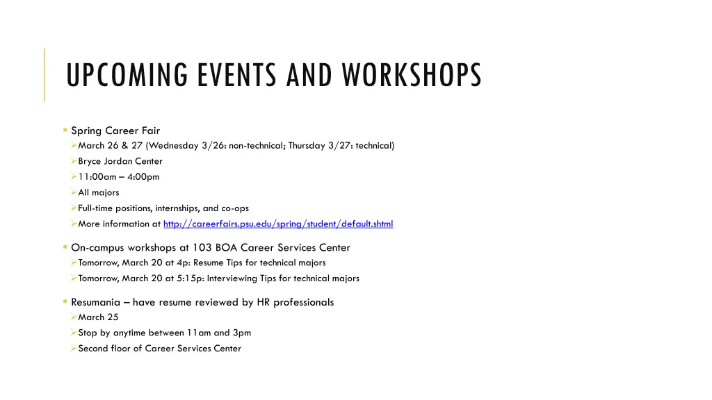 upcoming events and workshops