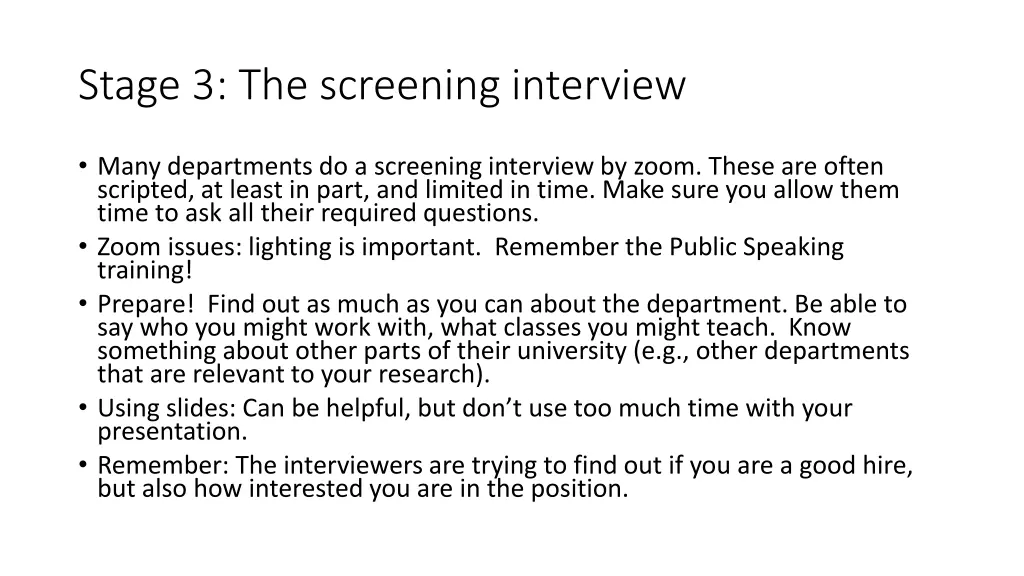 stage 3 the screening interview