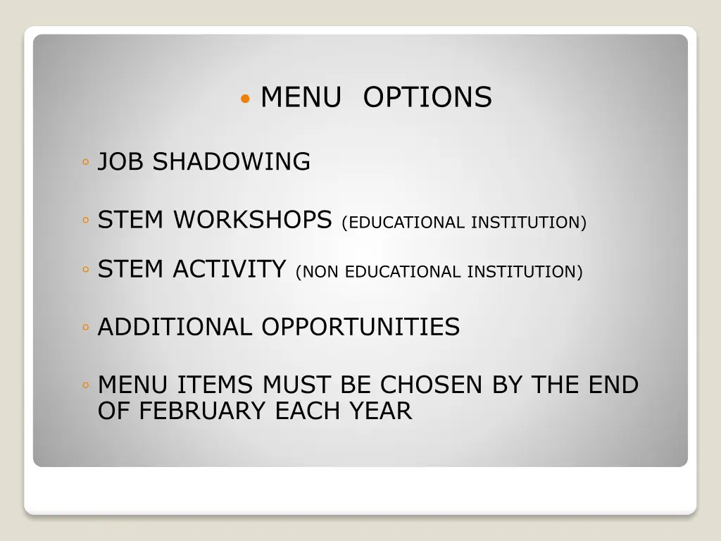 menu options