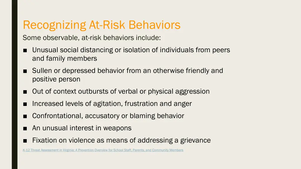 recognizing at risk behaviors some observable
