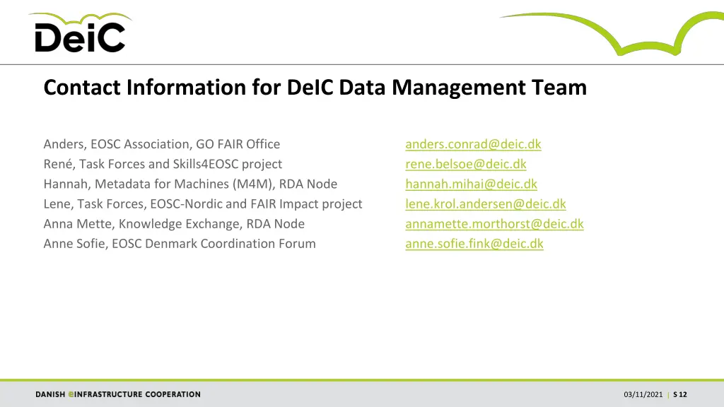 contact information for deic data management team