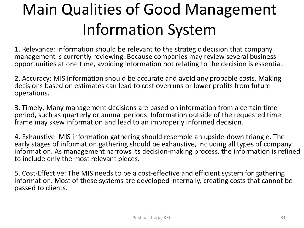 main qualities of good management information
