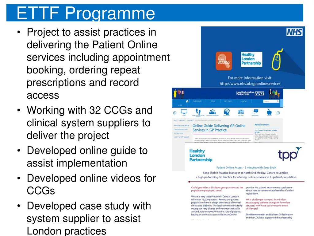 ettf programme project to assist practices