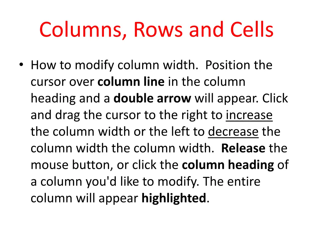 columns rows and cells