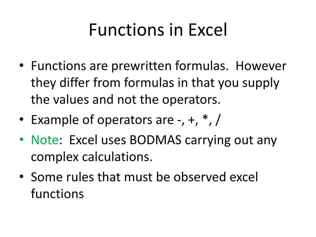 functions in excel