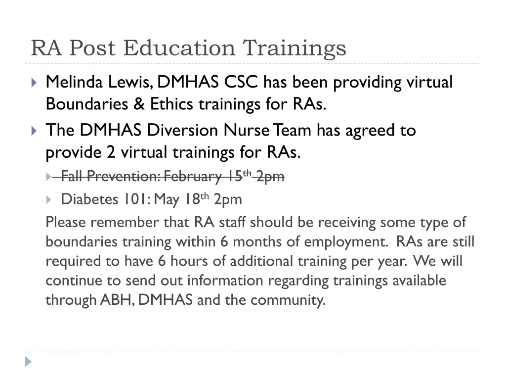 ra post education trainings