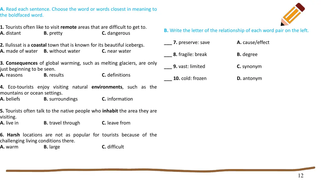 a read each sentence choose the word or words