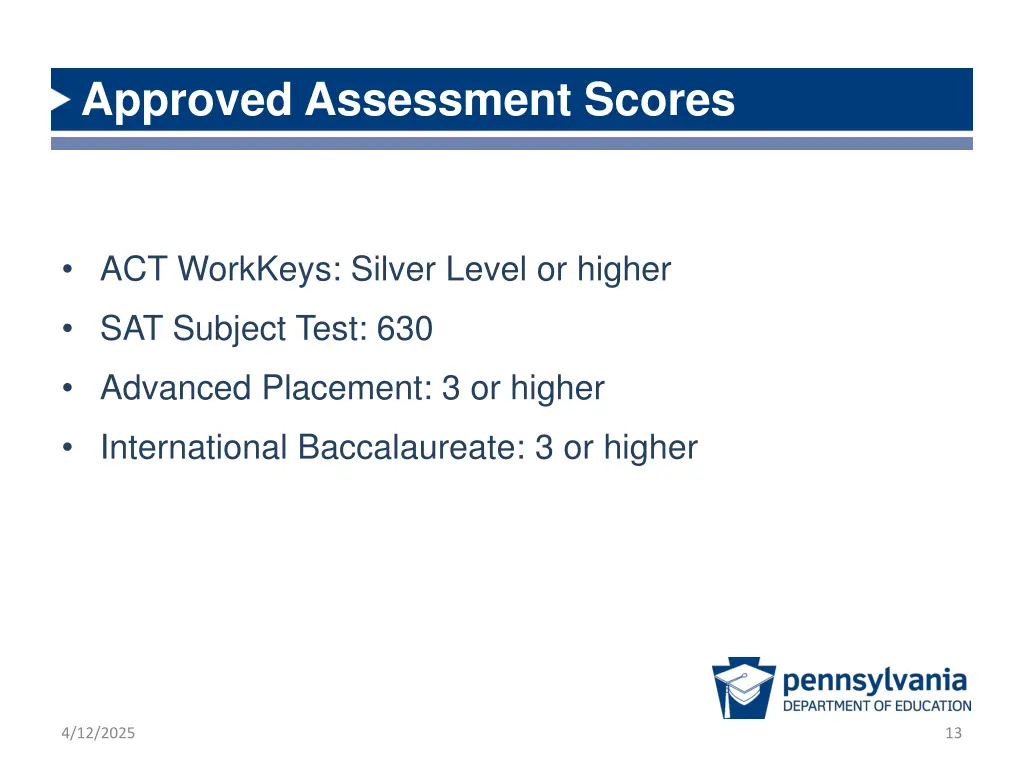 approved assessment scores
