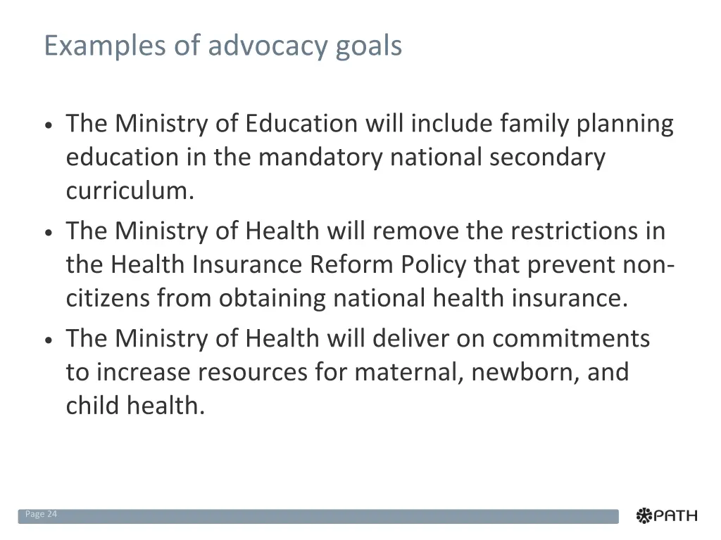 examples of advocacy goals