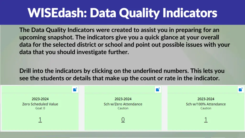 wisedash data quality indicators wisedash data
