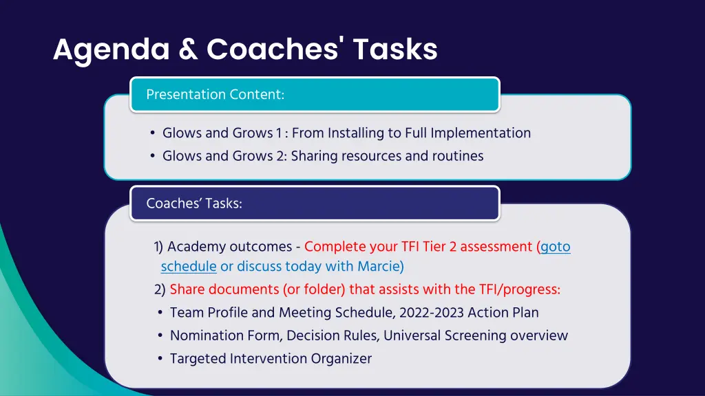agenda coaches tasks
