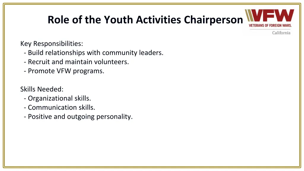 role of the youth activities chairperson
