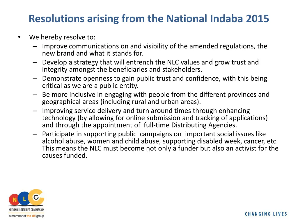 resolutions arising from the national indaba 2015