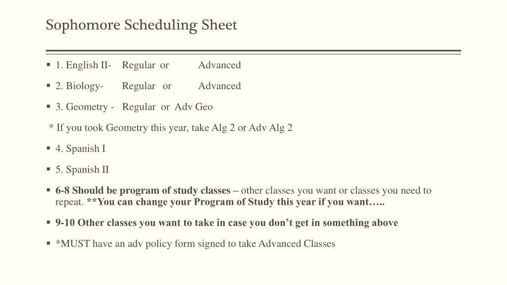 sophomore scheduling sheet