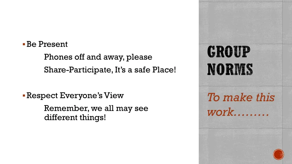 be present phones off and away please share
