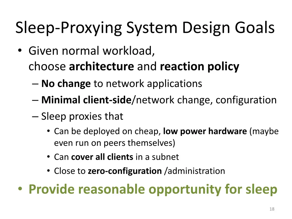 sleep proxying system design goals given normal