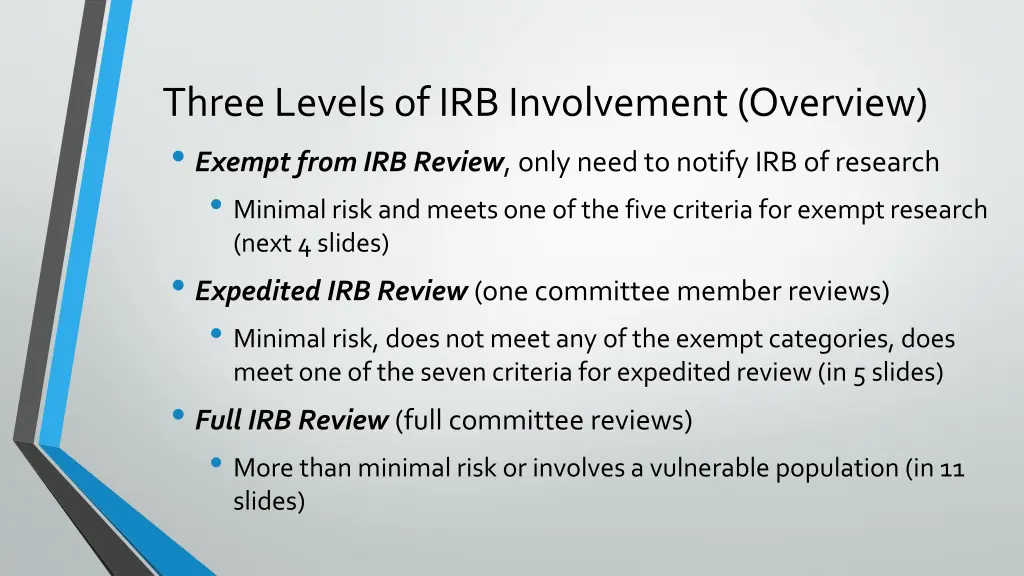 three levels of irb involvement overview exempt