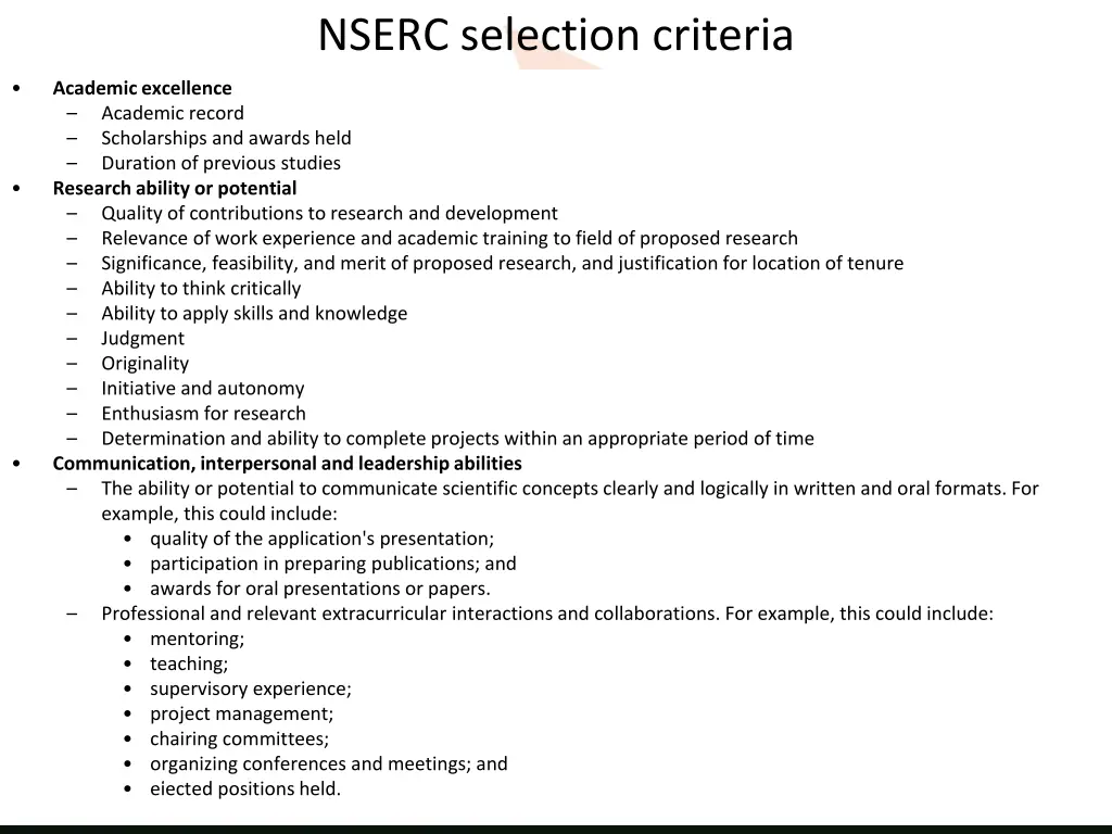 nserc selection criteria