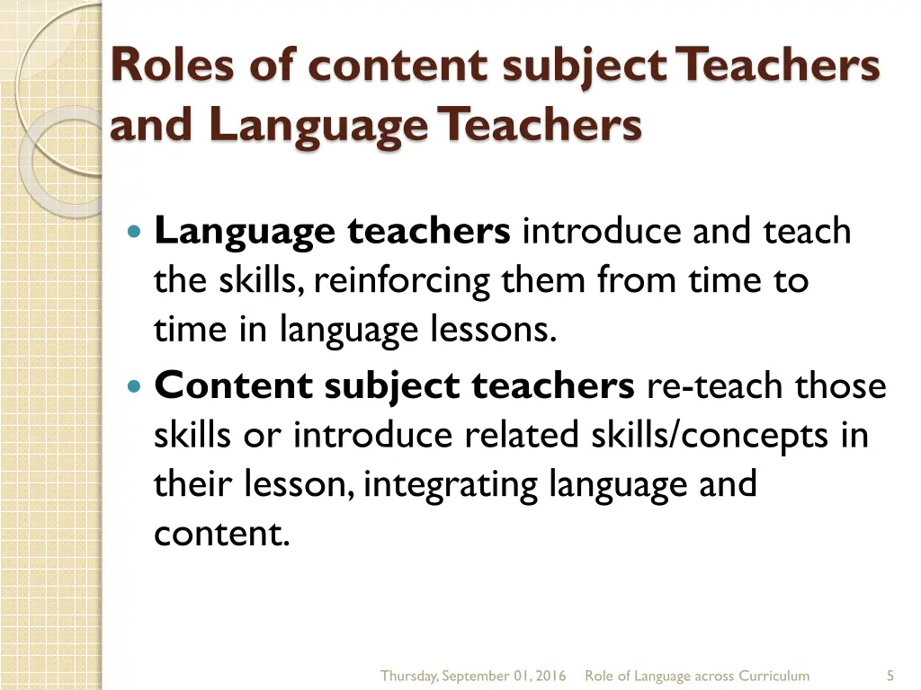 roles of content subject teachers and language